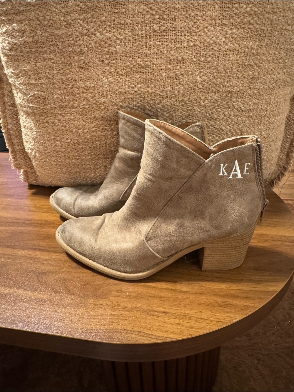 Suede Taupe Ankle Booties with Stacked Heel